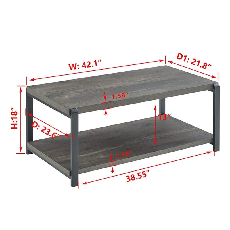 17 Stories Coffee Table With Storage Shelf, Rustic Wood And Metal Cocktail Table For Living Room, Grey
