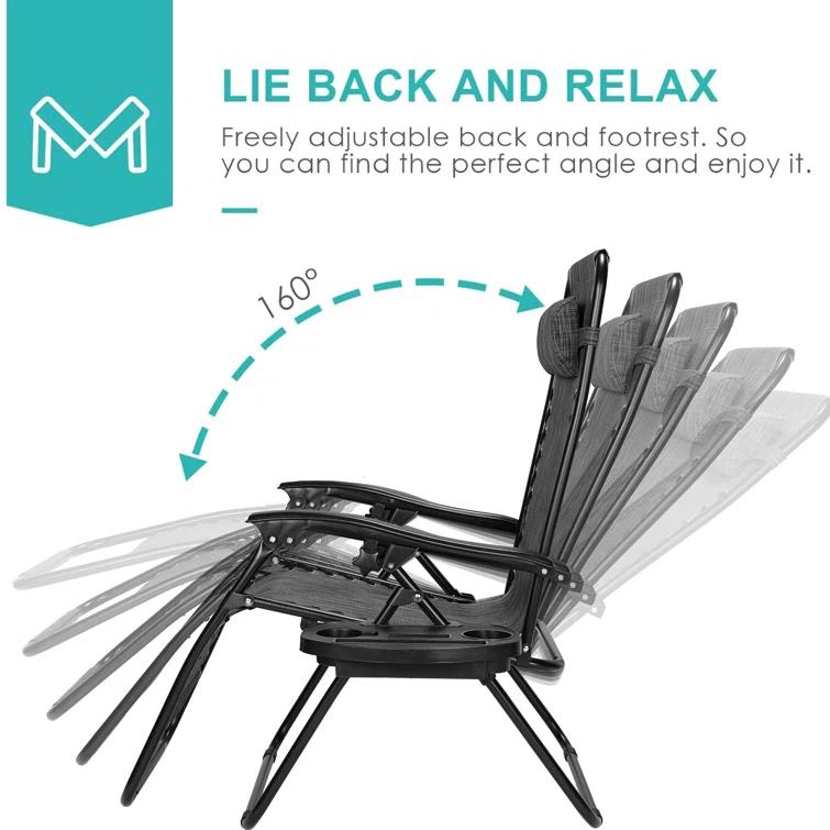 Arlmont & Co. Zero Gravity Chair Set of 2, Outdoor Folding Lounge W/Detachable Headrest & Holder Tray, Adjustable Textilene Lawn Reclining, No Assembly Required, for Patio, Backyard, Garden, Poolside,
