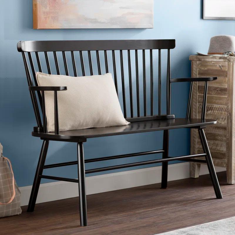 Transitional Black Wooden Spindle Back Bench with Splayed Legs