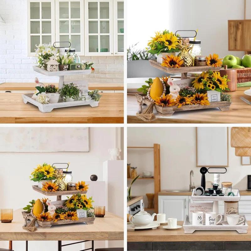 Ophelia & Co. Farmhouse Tiered Tray Stand: Rustic Wood 2 Tier Serving Tray Decor Two Rectangle Wooden For Kitchen Counter Centerpieces Coffee Bar Easter Fall Halloween Thanksgiving Christmas
