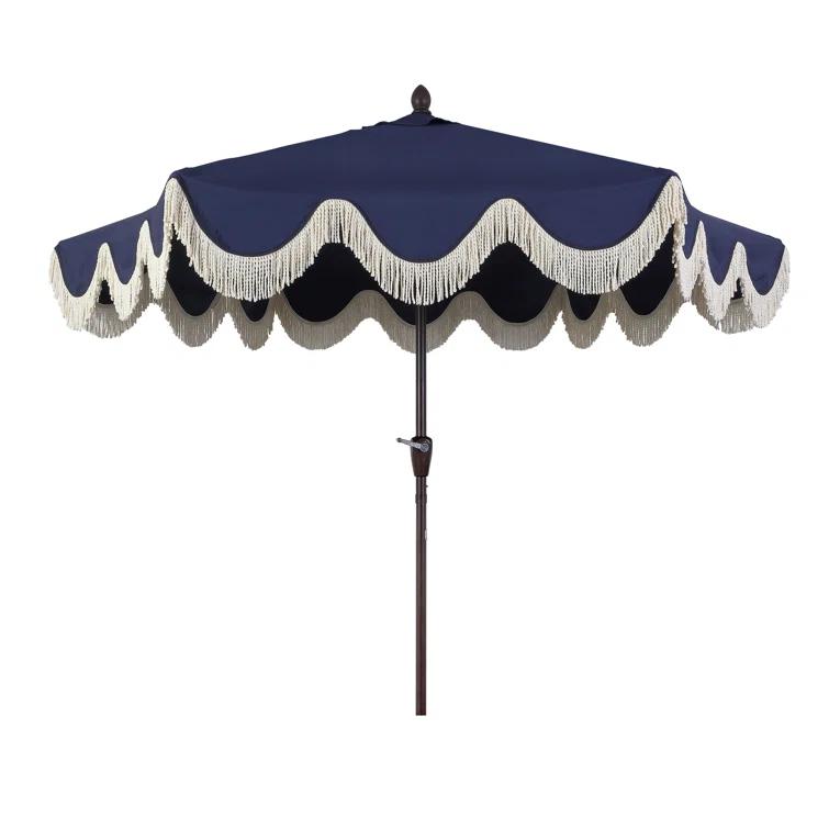 Arlmont & Co. Teretha 9 ft. Classic Cottage Tassel Market Patio Umbrella with Auto-Tilt, Crank, and UV Protection
