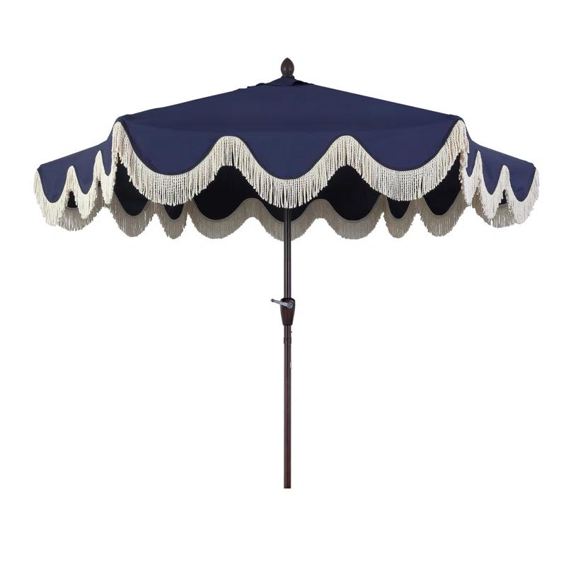 Arlmont & Co. Teretha 9 ft. Classic Cottage Tassel Market Patio Umbrella with Auto-Tilt, Crank, and UV Protection
