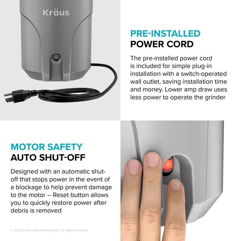 KRAUS WasteGuard Continuous Feed Motor Garbage Disposal with Power Cord and Universal Mount