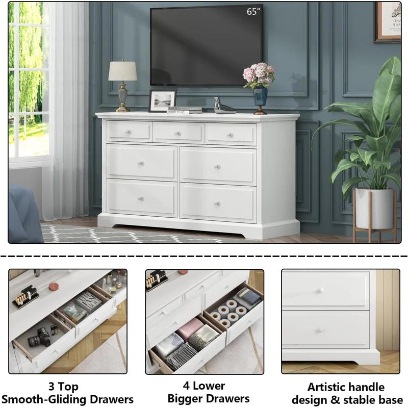 Raydyn 7 Drawers White Double Dressers Chests for Bedroom, Large Storage Dressers Organizer for Bedroom, Long Dresser Tv Stand, Vintage Solid Tall Closet Dressers with Storage for Living Room, Hallway
