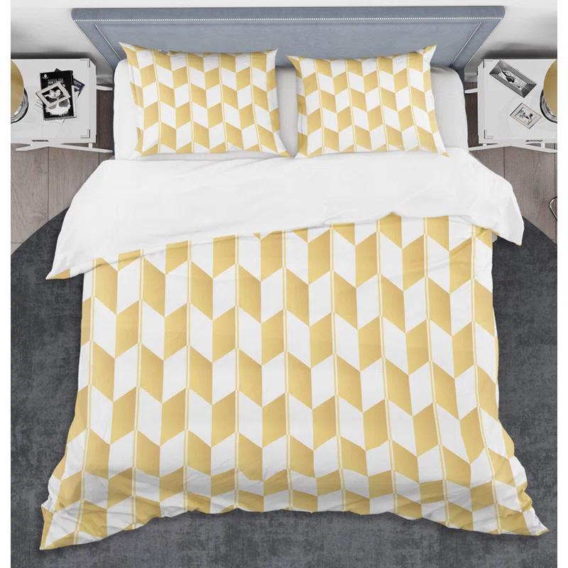 Design Art Gold And White Geometric Pattern I - Glam Abstract Duvet Cover Set - Microfiber Polyester