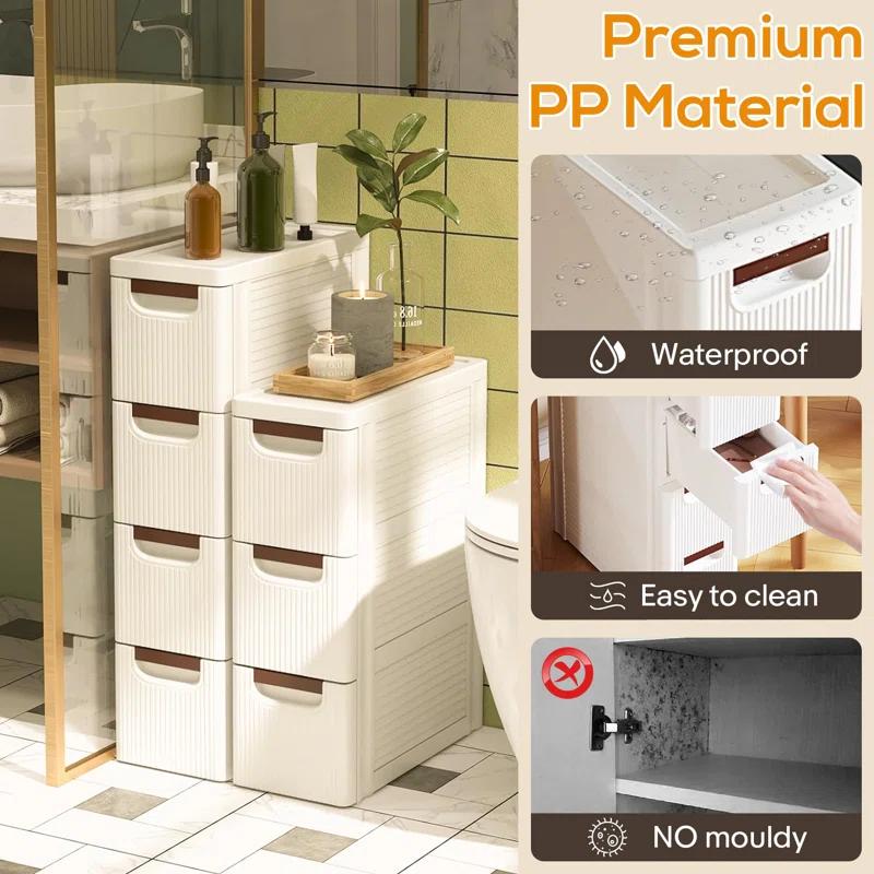 Rebrilliant Slim Plastic Rolling Storage Cabinet With 4 Drawers For Bathroom, Kitchen, Laundry - White