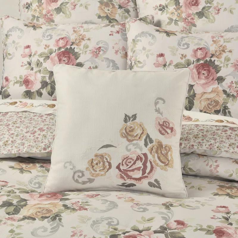 Ivory Floral Embroidered Square Decorative Throw Pillow