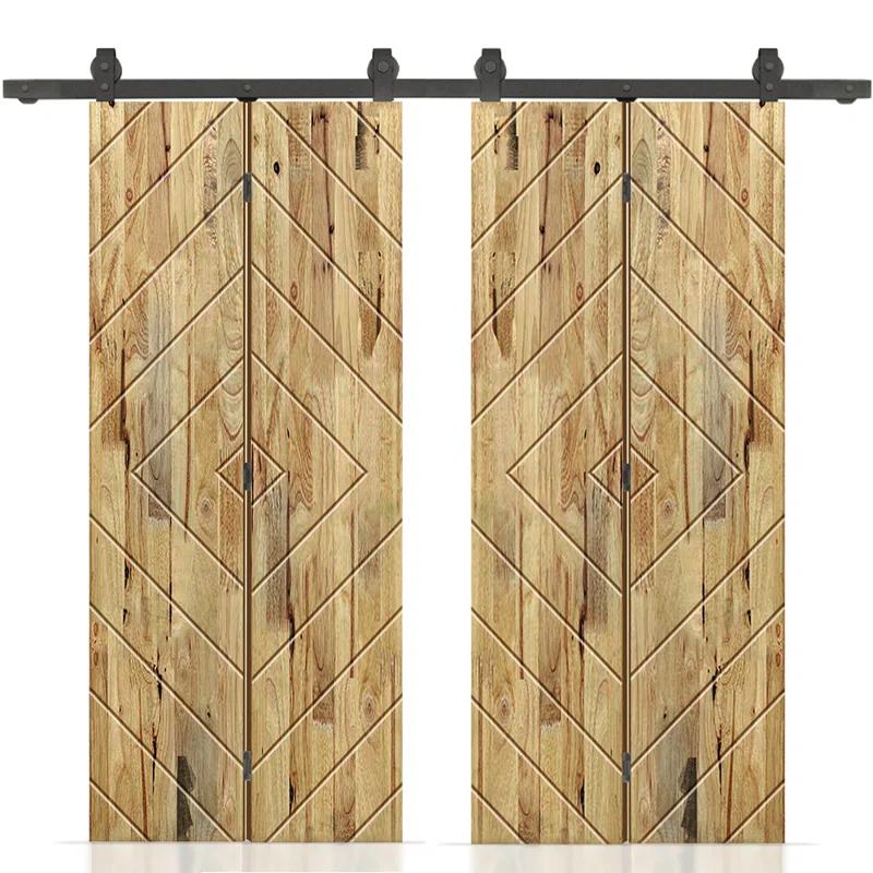 Calhome Stained Pine Wood Bi-Fold Double Barn Door with Sliding Hardware Kit