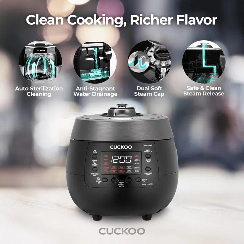 Cuckoo Electronics CUCKOO 6-Cup Twin Pressure Rice Cooker & Warmer with Nonstick Inner Pot, 14 Menu Options, Safe Steam Release, 3 Voice Guide, Auto Clean (Black) CRP-RT0609FB