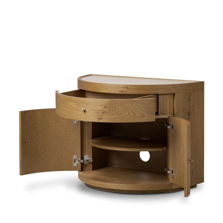 Cream Marble and Oak Veneer Demilune Nightstand with 3 Drawers