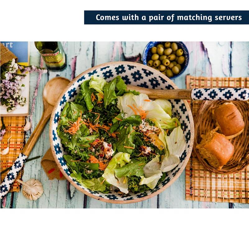 One Allium Way® Salad Bowl Or Wooden Bowls With Serving Tongs, Large For Fruits, Cereal Or Pasta, Large Mixing Bowl Set, 12" Diameter X 5" Height, Mango Wood, Blue