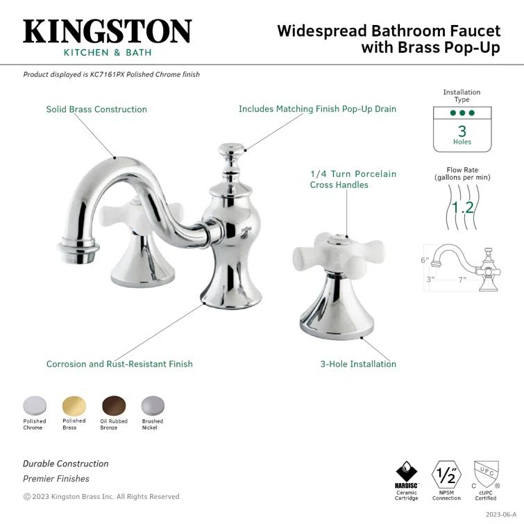 Kingston Brass Kingston Brass Two-Handle 3-Hole Deck Mount Widespread Bathroom Faucet with Brass Pop-Up Drain KC7162PX