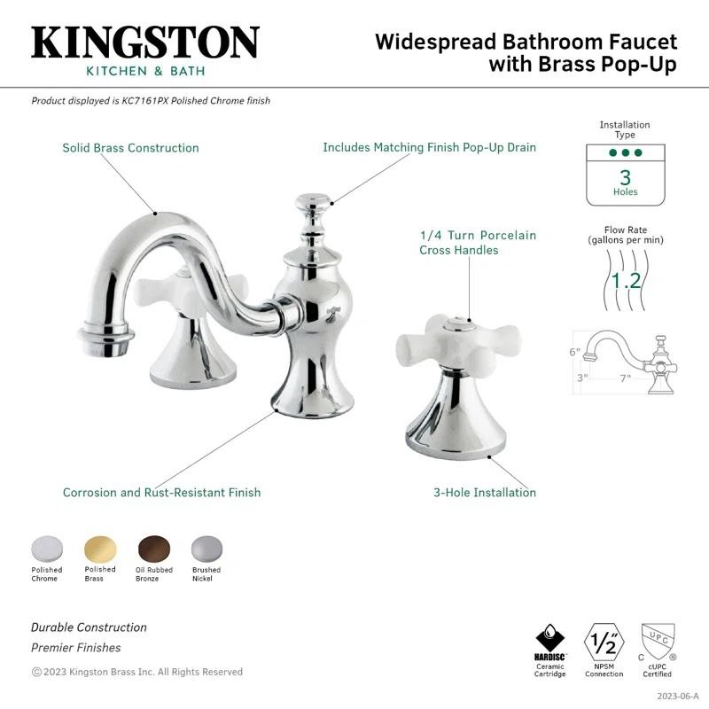 Kingston Brass Kingston Brass Two-Handle 3-Hole Deck Mount Widespread Bathroom Faucet with Brass Pop-Up Drain KC7162PX