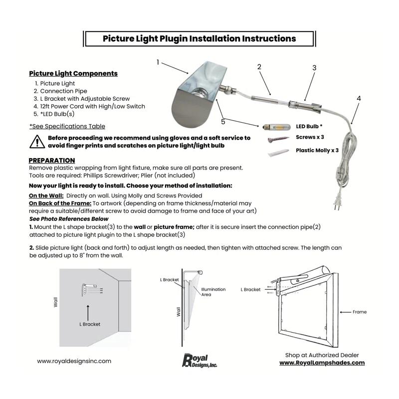 Royal Designs 8.75'' Dimmable Wall Mounted Picture Light