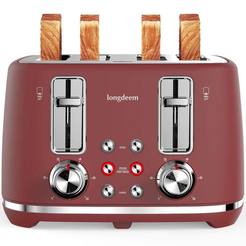LONGDEEM 4 Slice Toaster, Extra Wide Slots, Longdeem Retro Stainless Steel Toasters, 6 Browning Options, Auto Shut Off & Frozen Function, Toast Fruit Bread, Bagel & Waffle