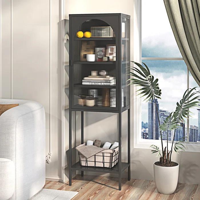 wendeway Metal Glass Door Display Storage Cabinet - 5-Tier Cube Bookshelf Storage Cabinet With 3 Adjustable Shelves For Kitchen | Wayfair