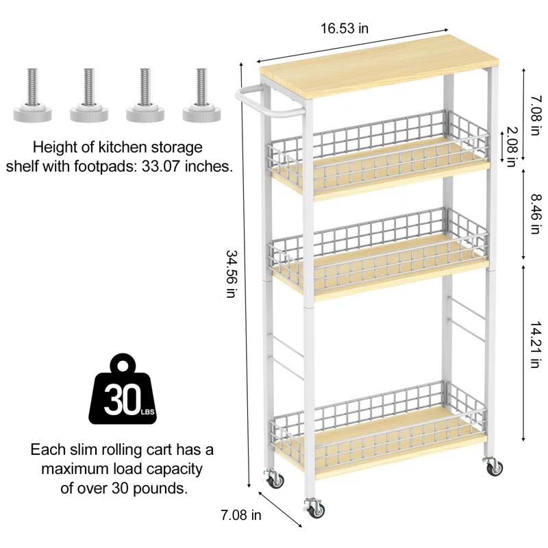 SPECIALTY FLOORING INC Slim Storage Cart Narrow Storage Cabinet 4 Tier Laundry Room Organization Mobile Bathroom Shelving Unit Organizer Rolling Utility Cart Slide Out Kitchen Cart Tower Rack For Narrow Places 7.08'W,(White)