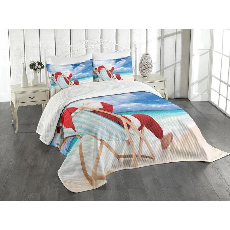 Ambesonne Ambesonne Santa Bedspread Set Relaxing at Exotic Beach Blue Sand Brown Red