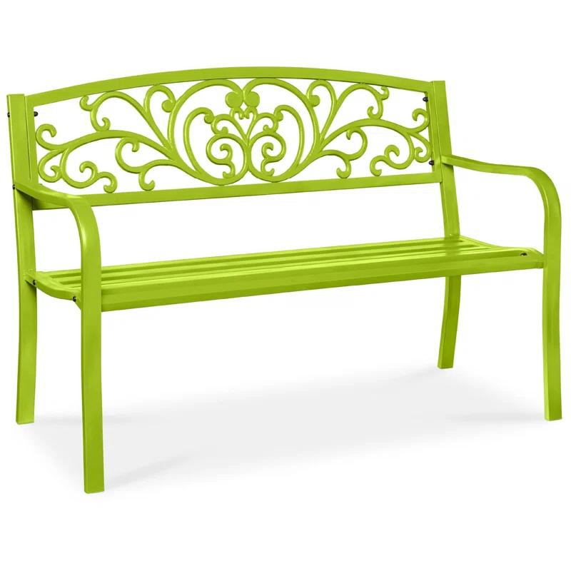 World Menagerie Outdoor Steel Bench with Floral Backrest & Slatted Seat, Marigold for Garden, Patio, Porch, Lawn, and Deck