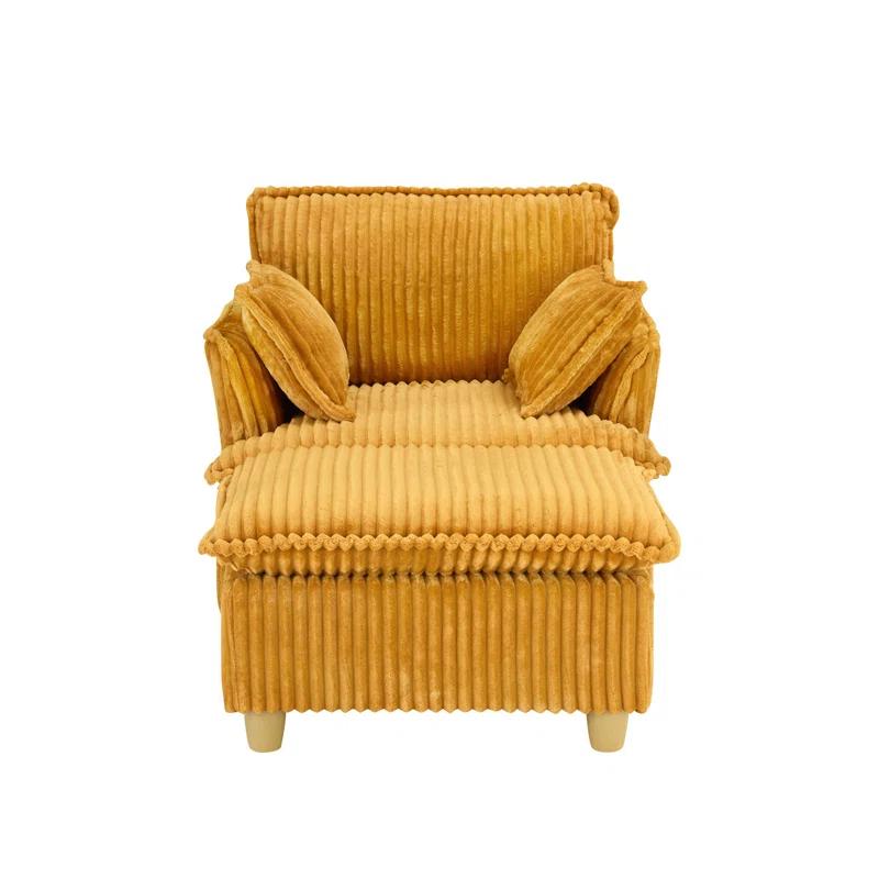 Everly Quinn This single-seat corduroy sofa comes with an ottoman and throw pillows