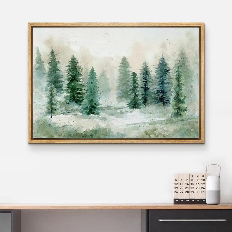 IDEA4WALL Woodland Forest Landscape " IDEA4WALL Framed Canvas Print Wall Art Woodland Nursery Decor Pastel Green Pine Tree Forest Landscape Nature Wilderness Fine Art Decorative Rustic For Living Room, Bedroom, Office "