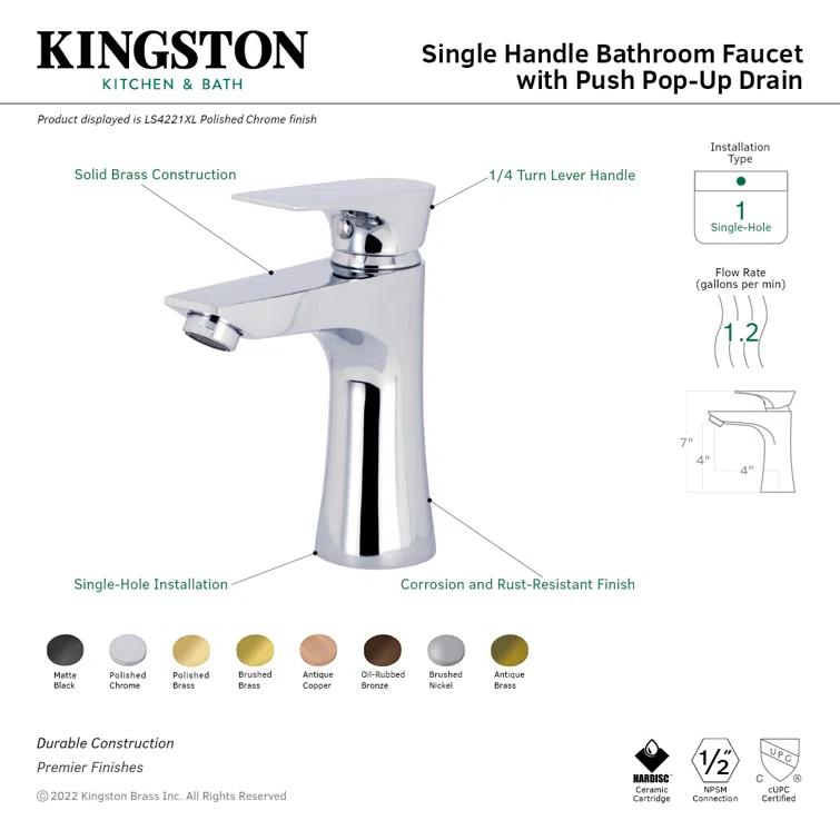Kingston Brass Millennium Single Hole Bathroom Faucet with Drain Assembly LS4223XL