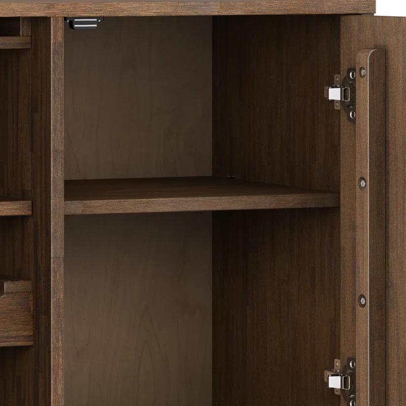 Simpli Home Clarkson 39"W Solid Acacia Mid-Century Tall Wine Rack Cabinet with Stemware Rack and 12-Bottle Storage