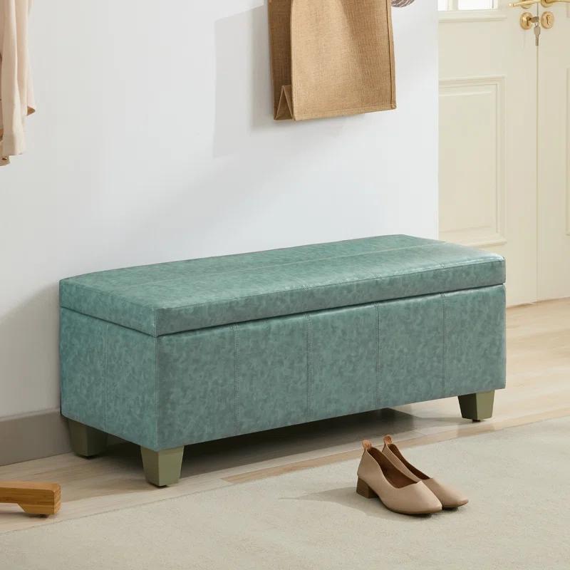 Ebern Designs Faux Leather Storage Ottoman, Rectangle Upholstered End Of Bed Storage Bench,  Stitch Tufted Bedroom Bench With Storage, Entryway Large Storage Ottoman With Wooden Legs