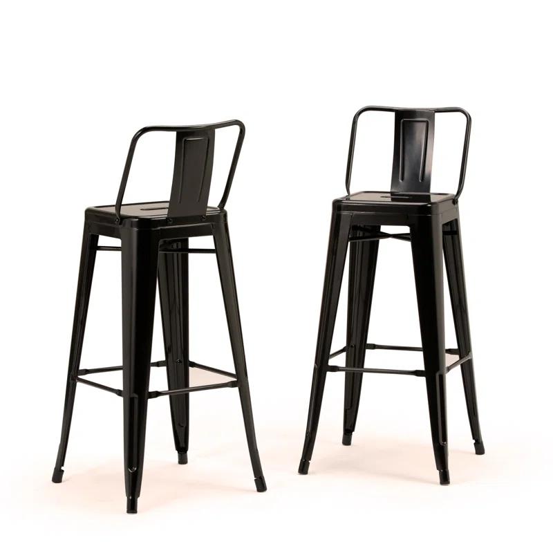 Simpli Home Rayne Metal Industrial Stool with Curved Back, Cross-Brace, and Footrest