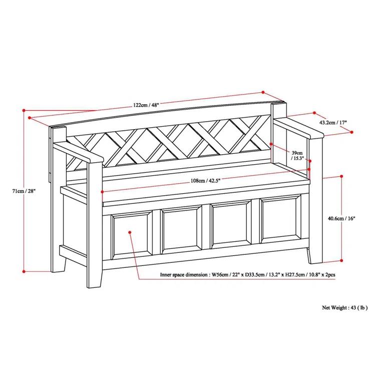 Simpli Home Amherst 48"W Solid Wood Entryway Storage Bench with Lift-Top Lid and Dual Compartments