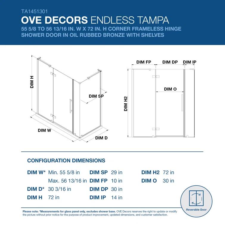 Ove Decors Endless Tampa 56" W x 72" H Corner Frameless Shower Kit, Door, 2 Panel, Shelves TA1451301