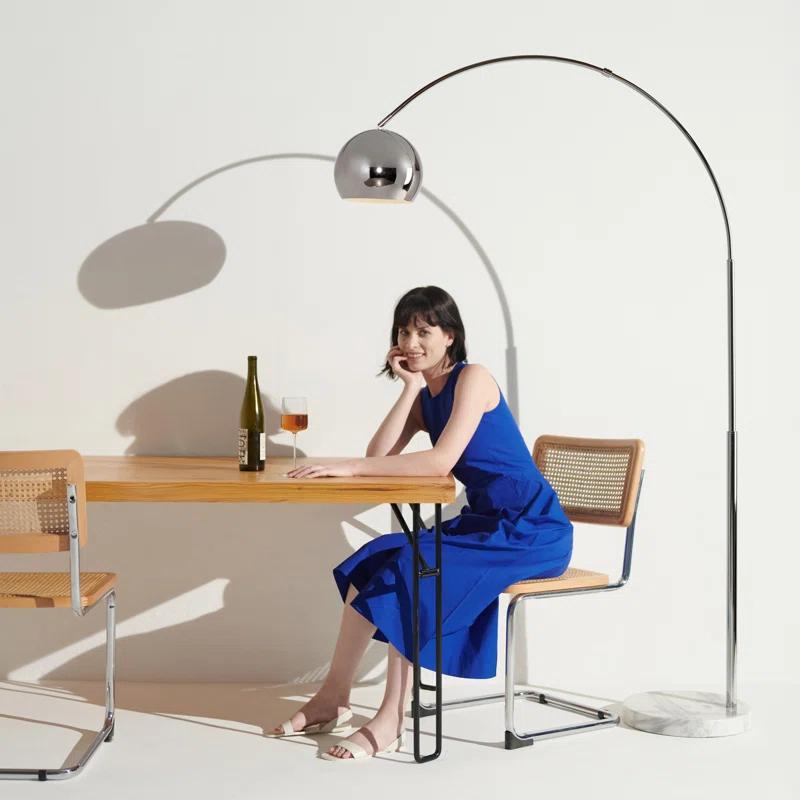 Brightech Olivia 75" Modern Industrial LED Arc Floor Lamp with Silver Chrome Finish, White Marble Base, and Metal Bowl Shade, Bulb Included