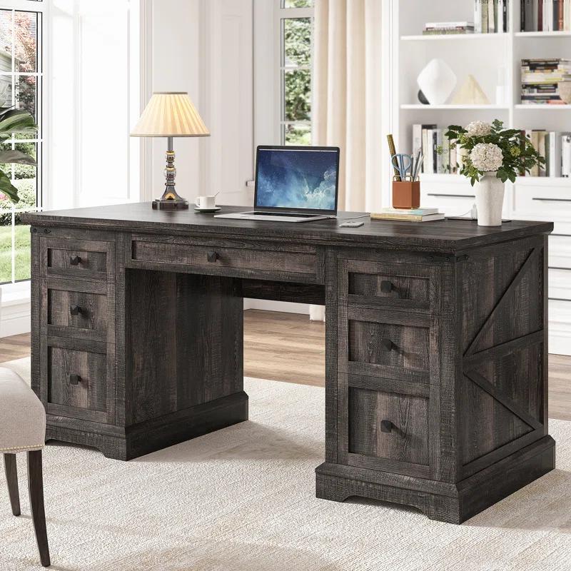 August Grove® 55'' W Computer Desk With Outlet, Farmhouse Executive Desk With 7 Drawers For Office Home