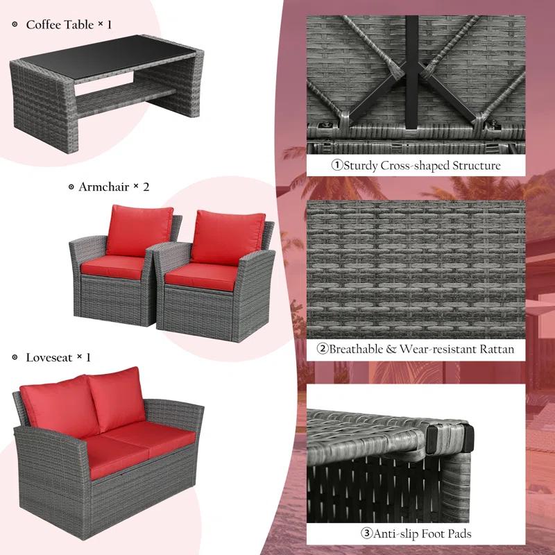 4 Piece Rattan Sofa Seating Group with Cushions