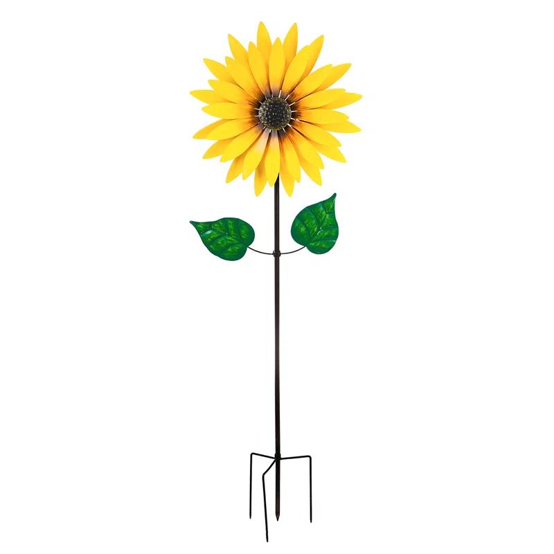 Yellow Sunflower Metal Wind Spinner with Green Leaves