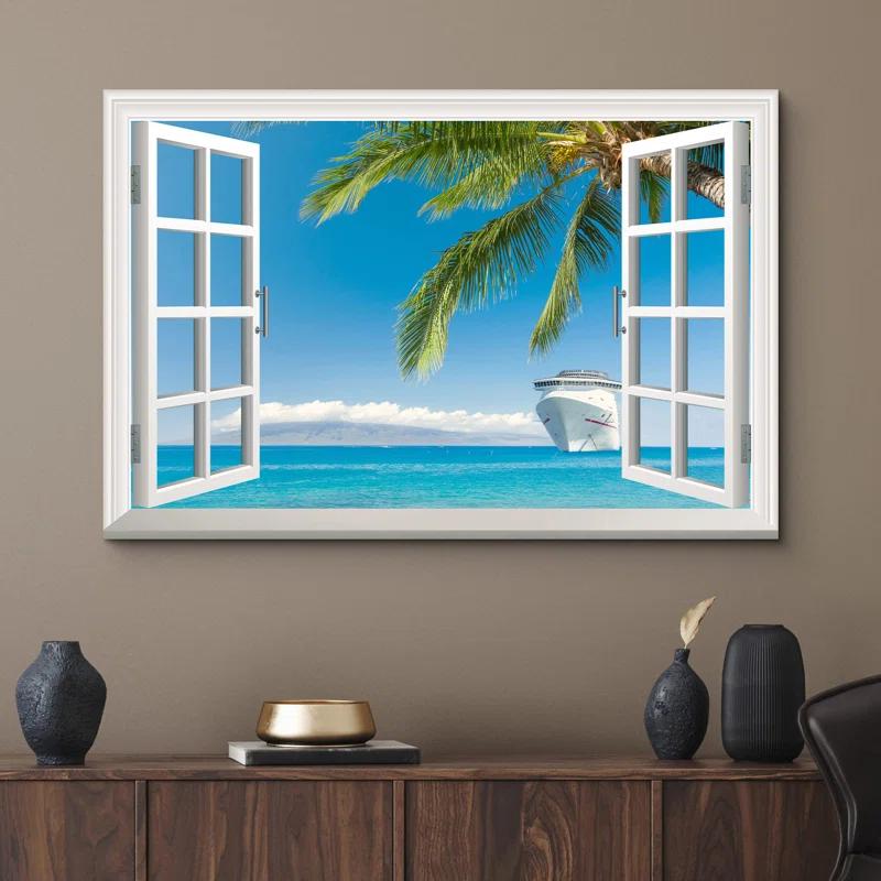 IDEA4WALL Window Scenery " Window View Of Tropical Beach Cruise Ship Nature Pictures Rustic Scenic Relax Calm Ultra "