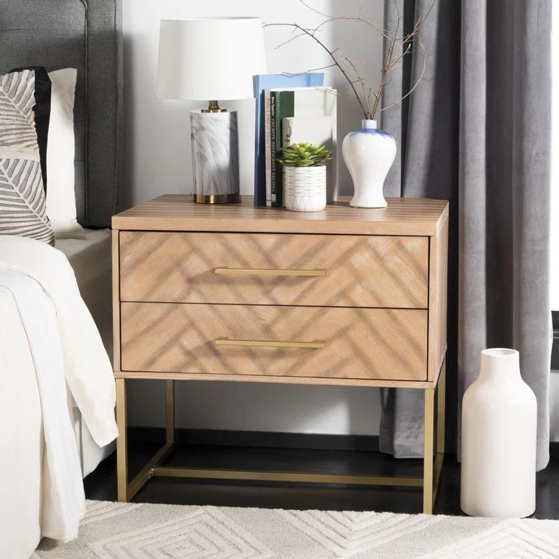 Everly Quinn Stylish Brookelyne 30'' W Nightstand –Rustic Oak with Brass Leg & 2 Spacious Bedroom Storage Drawers