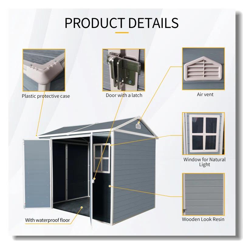 Tryimagine 8 X 6 Ft Resin Outdoor Storage Shed Waterproof Shed With Floor & Two Windows & Lockable Door, Tool Shed For Garden, Patio, Backyard