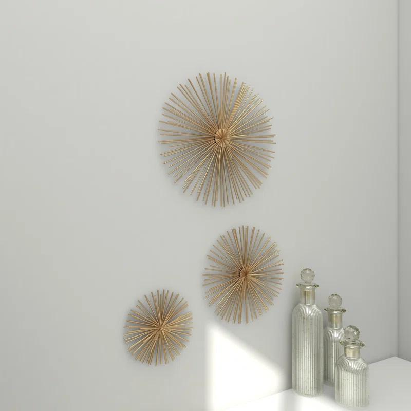 CosmoLiving by Cosmopolitan Gold Metal Starburst 3D Short Spike Home Wall Decor, Set of 3 6", 9", 12"W