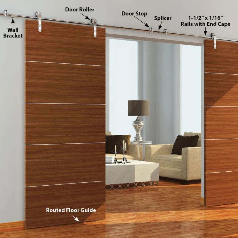 Rolling Barn Door Hardware Kit for Double Wood Doors with Routed Floor Guide