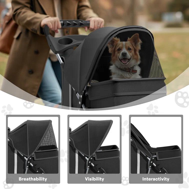 ATCHISON Foldable Pet Stroller, 3 Wheels Folding Carrier Jogger Stroller for Dogs Cats with Canopy and Basket