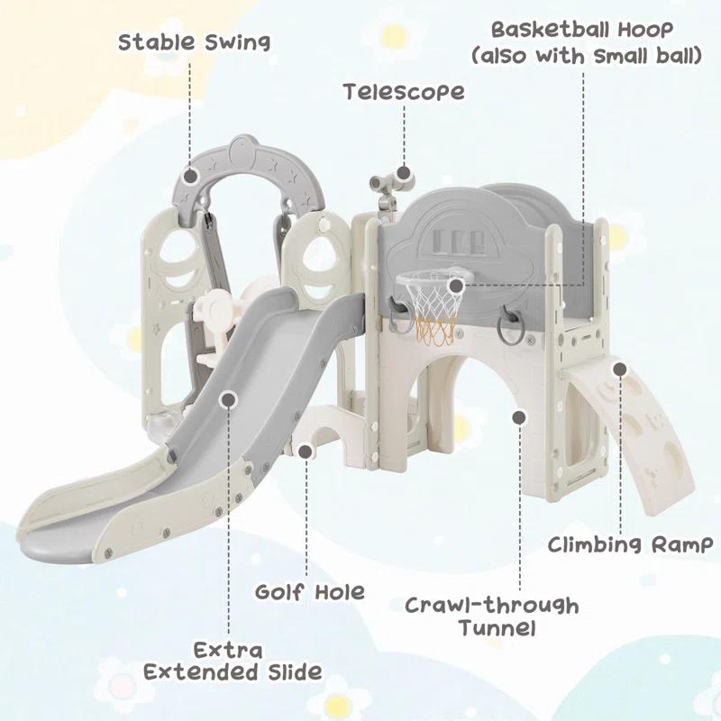 Mocoloo Toddler Slide and Swing Set 7 in 1, Kids Climber Slide Playset with with Ball & Hoop, Telescope