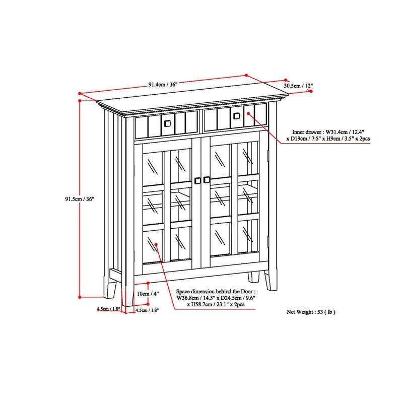 Simpli Home Acadian 36"W Solid Wood 2-Shelf Entryway Storage Cabinet with Glass Doors and 2 Drawers