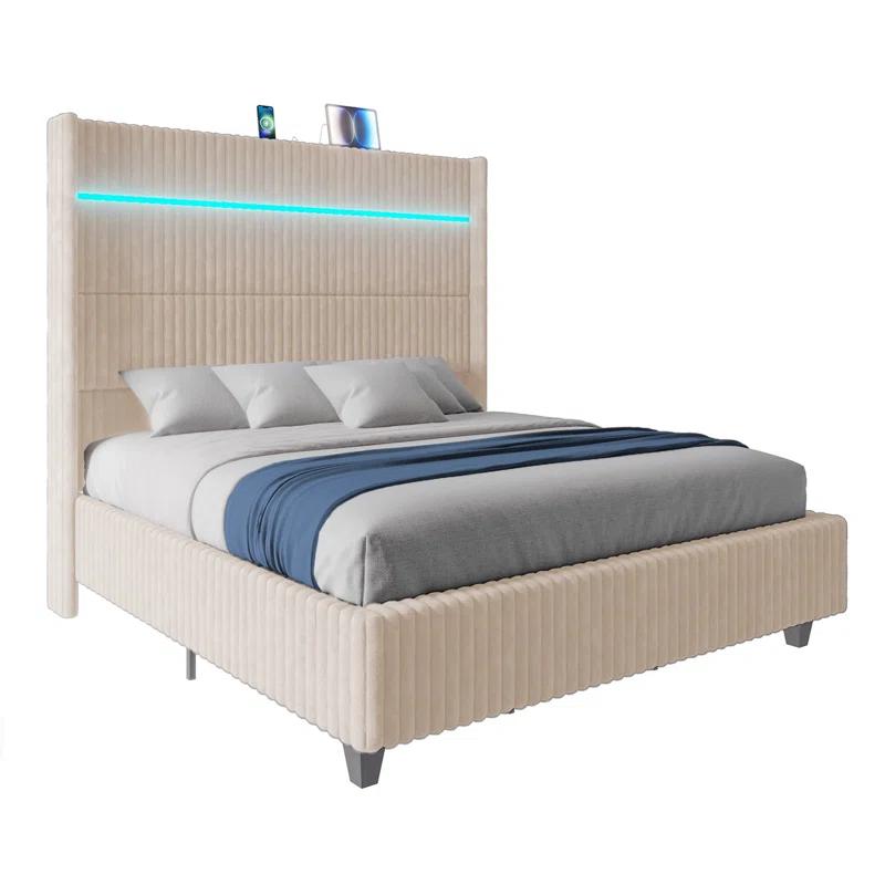 Ivy Bronx LED Bed Frame, Corduroy Upholstered Platform with 60" Tall Headboard & Charging Station