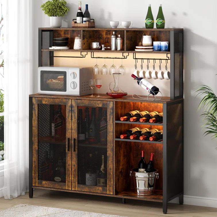 17 Stories Hoffarth 47.24'' Wine Bar Cabinet with LED Lights, Liquor Cabinet Coffee Bar Cabinet with 3 Storage Compartments & Wine Rack & Glass Holder
