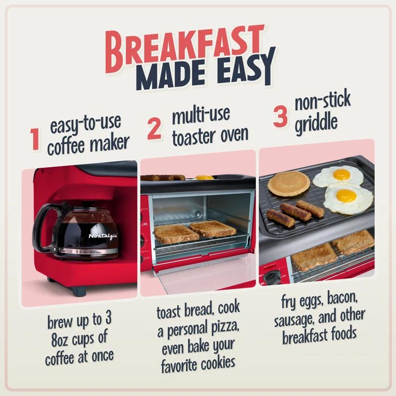 Nostalgia Nostalgia Retro 3-in-1 Family Size Electric Breakfast Station, Coffeemaker, Griddle, Toaster Oven, Aqua
