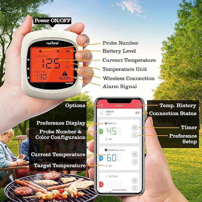 NutriChef Nutrichef Bluetooth Meat Thermometer For Grilling And Smoking With 6 Wireless Meat Probes, 6 Channels With Lcd Display