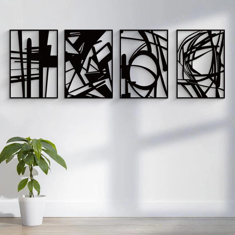 Ivy Bronx 4 Pack Black Abstract Metal Wall Art, Minimalist Décor Single Line Art Wall Décor, 3D Textured Metal Wall Sculptures, For Living Room Bedroom Bathroom Study Room (Black Abstract, M Size 16 X 11'')