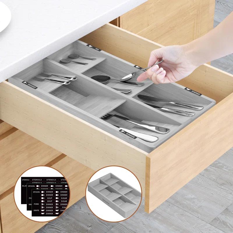 SpaceAid Bamboo Silverware Drawer Organizer with Labels – Kitchen Utensil Tray for Flatware, Cutlery, Spoons, and Knives – 6 Slots (White)