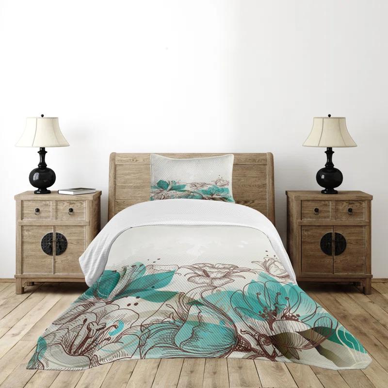 Ambesonne Ambesonne Turquoise Bedspread Retro Hibiscus